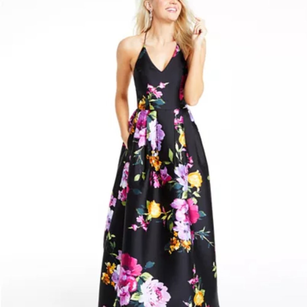 BCX Juniors' Floral-Print Cross-Back Gown